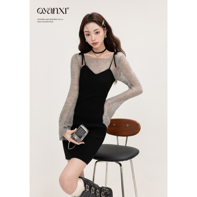 Original by Ouyang Xi<Weaving>French Solid Color High Waist A-line Short Skirt Autumn Versatile Slim Fit Dress Set