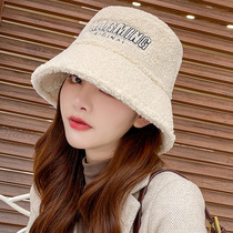 Autumn and Winter Korean version of lambskin Japanese wild fisherman hat small face letter net red hat Female plush hat pot hat tide