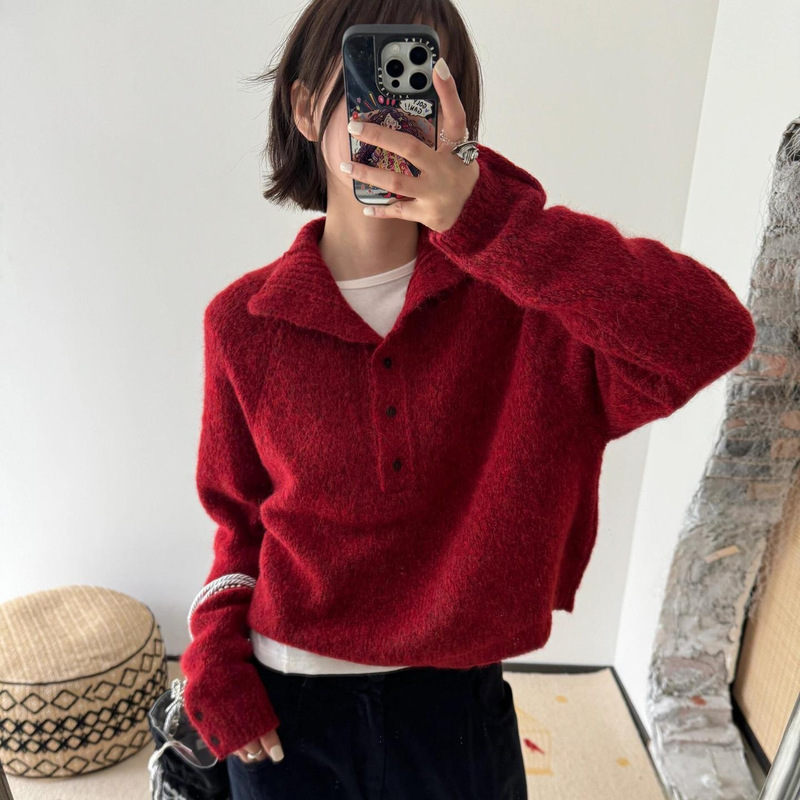 Spanish Cordera Niche Red Alpaca Wool Half-Collar Knit Sweater for Women, Autumn and Winter Pullover Long-Sleeve Soft Sweater