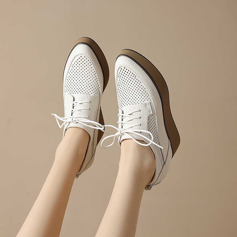 European Style Wedge Heel Hidden Height Increase Hollow Pointed Toe White Sneakers for Women Summer Thick-Soled Platform Sandals Breathable Casual Shoes