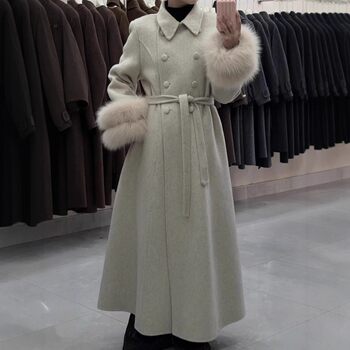 高端2025新款方领双毛袖加长款双面羊毛呢大衣韩系时尚毛呢外套