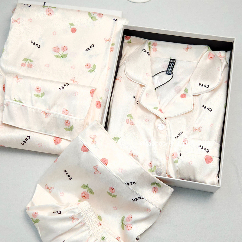 Korean-Style Tulip Ice Silk Satin Pajamas for Women, Summer Short-Sleeve with Chest Pads, Japanese-Style Three-Piece Ice Silk Loungewear