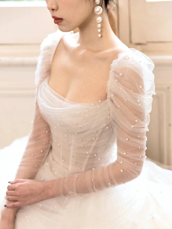 New Style Bridal Sleeves with Pearls, Long Detachable Sleeves for Wedding Dresses, No-Sew Strapless Wedding Dress Puff Sleeves