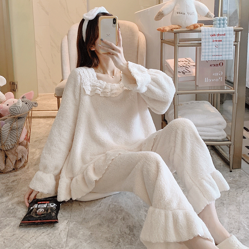 Coral velvet pajamas ladies autumn and winter flannel sweet and lovely princess style thickened plus velvet warm home clothes suit