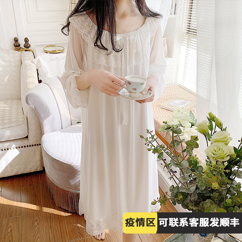 Day Ensemble Sleeping Dress Lady Spring Autumn Pure Cotton Modell Fairy Wind Long Sleeve Cute Long Version Lace Princess Sexy Pyjamas