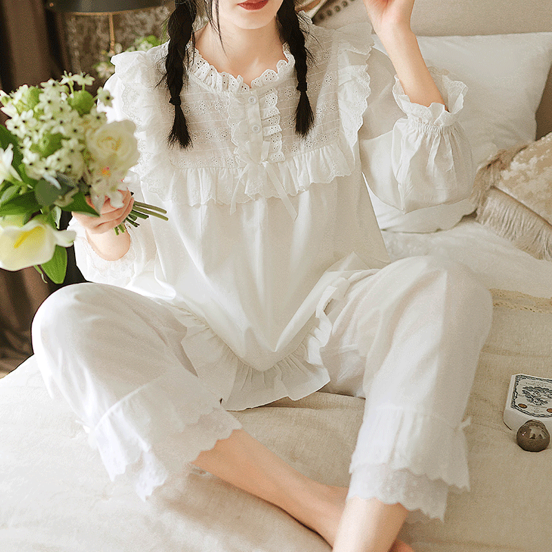 Spring Autumn Style Retro Palace Court Style Pyjamas Pure Cotton Lace Cute Princess Long Sleeve White Women's Home Conserved Summer Suit