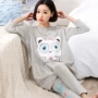 Bộ đồ ngủ dài tay mùa xuân và mùa thu cotton của phụ nữ có thể mặc bên ngoài phiên bản dài quần áo dài nhà cotton dễ thương hoạt hình phiên bản Hàn Quốc những kiểu đồ bộ đẹp