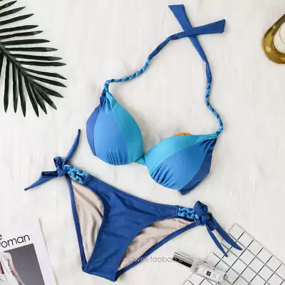 Gather steel support blue three-piece beach bikini seaside steel ring sexy small chest swimsuit big breasts women swimsuit