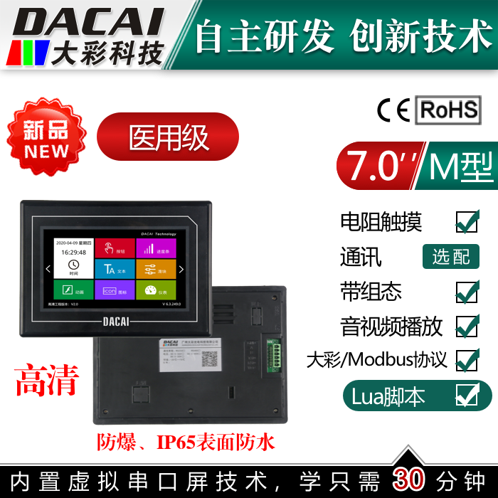 7 inch 1024*600 serial screen resistive touch screen IP65 waterproof explosion-proof medical grade big color IPS screen