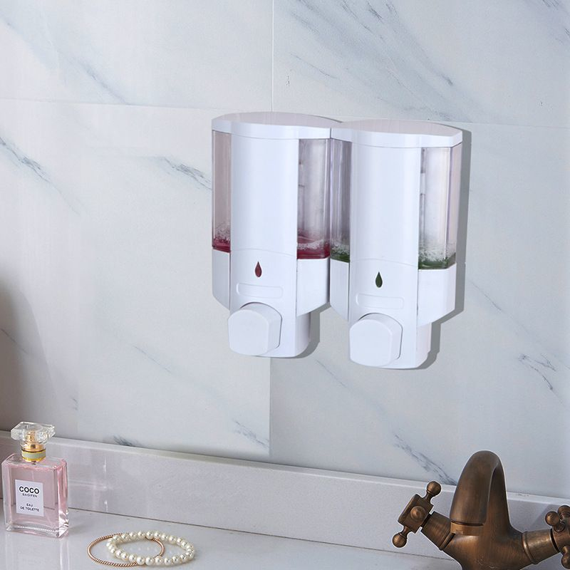 Hotel double-headed soap dispenser manual commercial wall-mounted white plastic hotel room shampoo and bath liquid separator box