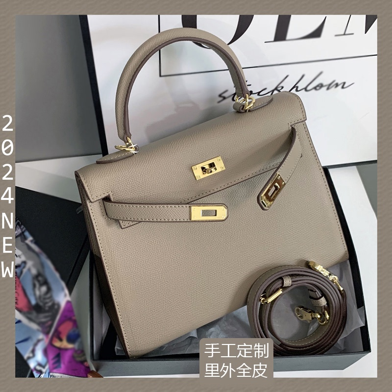 2025 New Popular Autumn and Winter Cowhide High-End Genuine Leather Kelly Bag Second Generation Mini Crossbody Handbag for Women