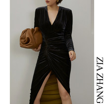 Z boss V-neck irregular wrinkled high waist dress two-tone velvet slim long flat shoulder dress