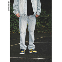  UNTILWERICH European AND American HIGH STREET LIGHT-COLORED WASHED OLD PATCH EMBROIDERED JEANS MENS CASUAL TROUSERS TREND