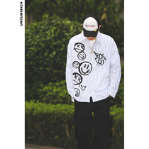  UNTILWERICH NEW cotton stitching smiley face graffiti stripe printing long-sleeved shirt shirt loose and casual