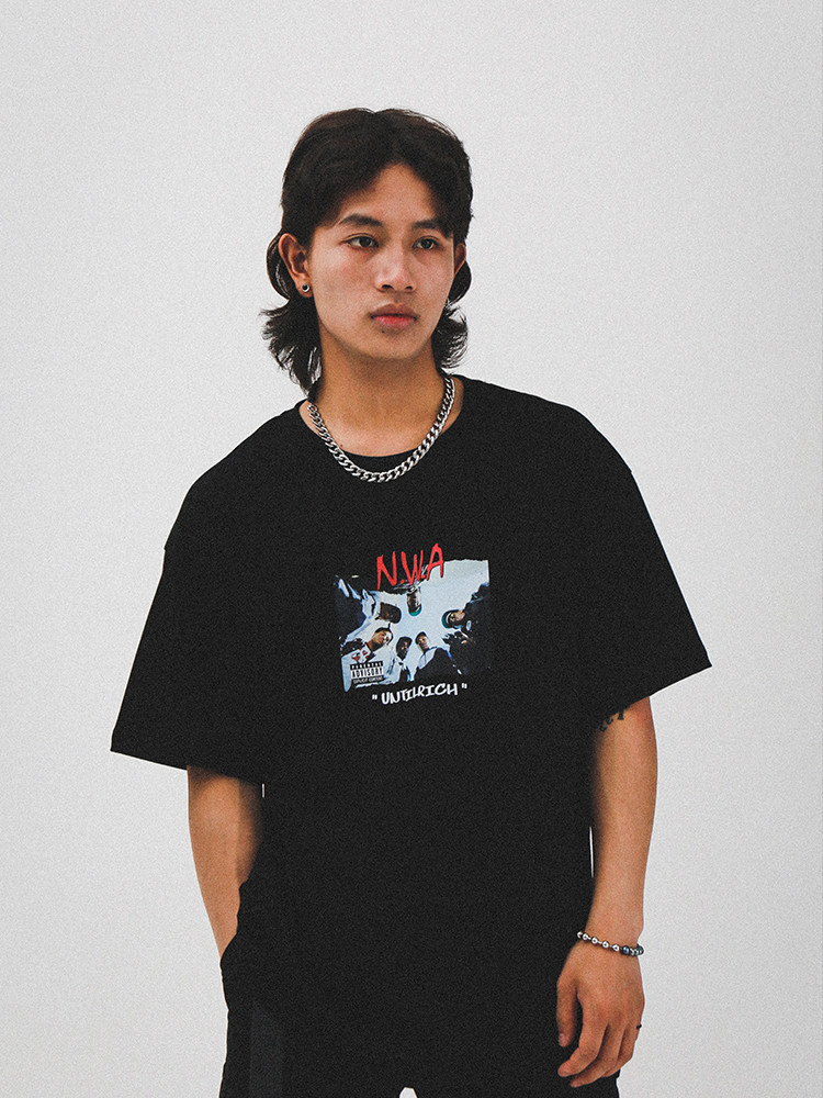 UNTILWERICH SUMMER PURE COTTON SHORT-SLEEVED MEN's BLACK ORIGINAL STREET TRIBUTE LEGENDARY RAP GROUP NWAT SHIRT