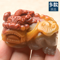 Natural yellow dragon jade Pixiu handle piece Overlord A goods red and yellow pretty Yin and Yang eyes lucky ancient beast male jade