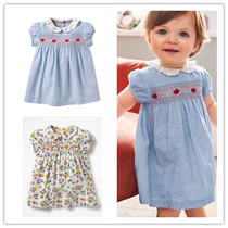 Spot BD MB Child Clothing Girl Blue Broken Flowers Doll Collar Pure Cotton Short Sleeve Dress Skirt L