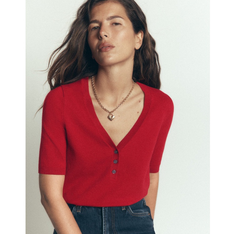 Uk Boden Purchasing Agent Women's Clothing Early Autumn New British Style Red Versatile V-Neck Short-Sleeve Pullover Sweater Knitwear