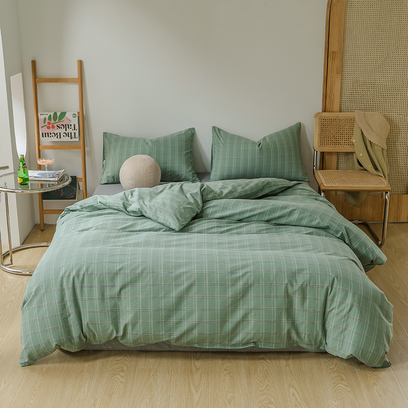 Non-printed good quality pure cotton four pieces full cotton three sets of brief wind checkered student Dormitory single double bed cover