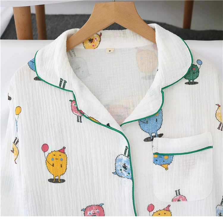 Maruko ~ mùa hè cotton gạc đồ ngủ của phụ nữ dài tay hai lớp giặt cotton gạc cardigan mùa xuân dịch vụ nhà phù hợp với mỏng - Bộ Pajama