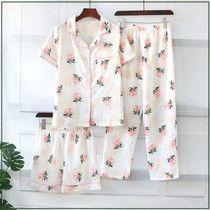 Cotton yarn pajamas three-piece womens summer short-sleeved trousers shorts cotton gauze spring and autumn cotton home wear set thin