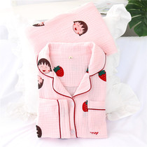Maruko ~ Summer cotton gauze pajamas womens long sleeves double washed cotton gauze cardigan spring home clothing set thin