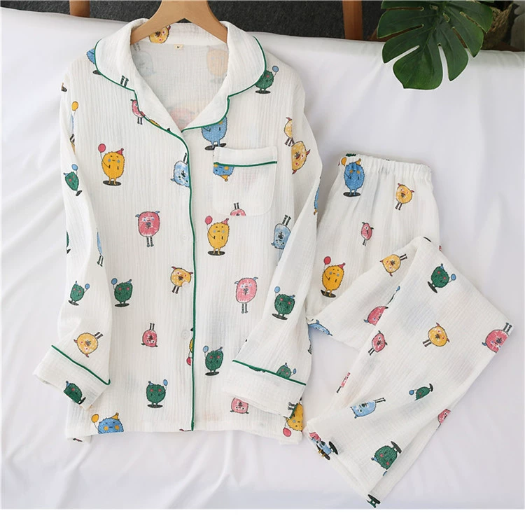 Maruko ~ mùa hè cotton gạc đồ ngủ của phụ nữ dài tay hai lớp giặt cotton gạc cardigan mùa xuân dịch vụ nhà phù hợp với mỏng - Bộ Pajama