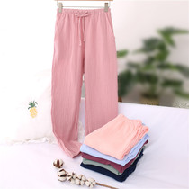 Japanese spring and autumn double cotton yarn pajama pants women couple cotton crepe cobbed trousers mens cotton home pants thin