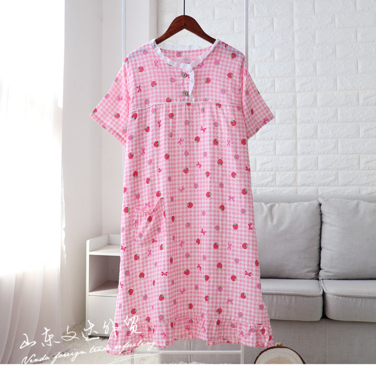 Mùa xuân và mùa hè bông gạc đôi nightdress nữ ngắn tay bông gạc tươi và đáng yêu hoa dài váy nhà phần mỏng