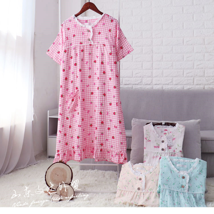 Mùa xuân và mùa hè bông gạc đôi nightdress nữ ngắn tay bông gạc tươi và đáng yêu hoa dài váy nhà phần mỏng