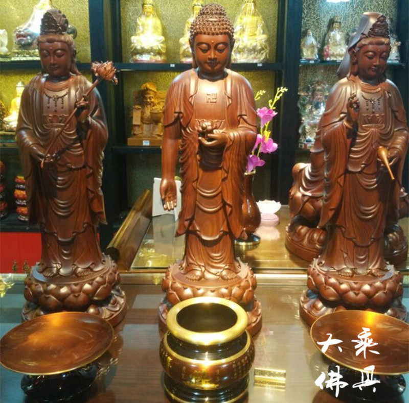 Taiwan green sandalwood 24-inch Western three holy statue Wood carving Buddha Amitabha Buddha Guanshiyin Bodhisattva