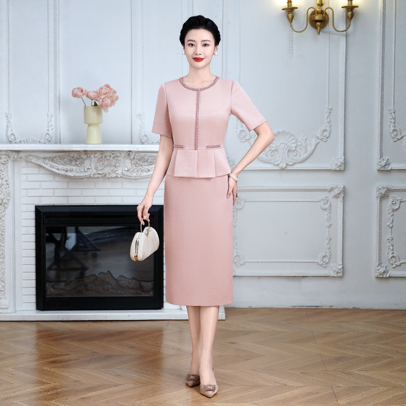Duo Yi 2623 New Model Wedding Banquet Dress for Mother-In-Law, Mid-Length Slim-Fit Flattering Acetate Dress with Short Sleeves