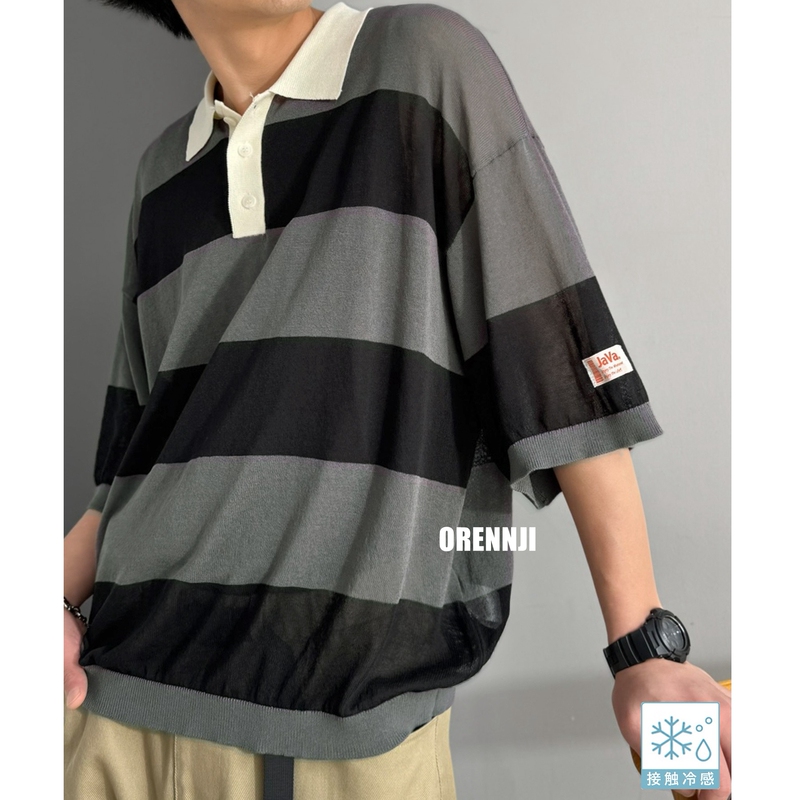 Unisex! Free Shipping on 3 Colors of Java Fine Knit Turn-Down Collar Wide Stripe Top, Short-Sleeve Loose Polo Shirt, Japanese Style X Unisex! Free Shipping on 3 Colors of Java Fine Knit Turn-Down Collar Wide Stripe Top, Short-Sleeve Loose Polo Shirt, Japanese Style X