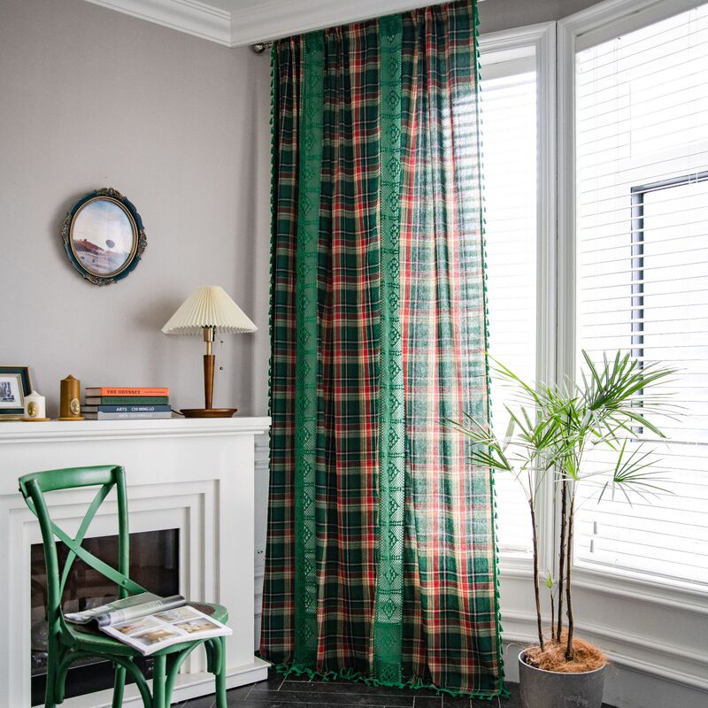 Window Screens and Curtains, American Retro Style, Bedroom Sunshade, Semi-Blackout, Light Luxury Sheer Curtains, Balcony Bay Window Curtains, Green Plaid Hook-And-Loop Fasteners Window Screens and Curtains, American Retro Style, Bedroom Sunshade, Semi-Blackout, Light Luxury Sheer Curtains, Balcony Bay Window Curtains, Green Plaid Hook-And-Loop Fasteners