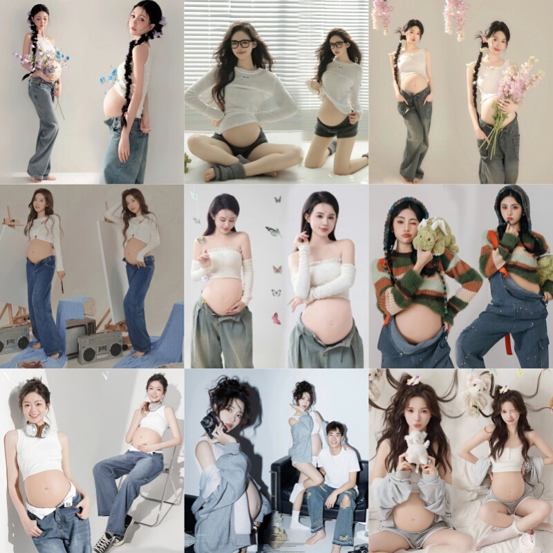 Maternity Photo Studio Sweet and Cool Theme New Korean Style Fresh and Oxygen-Filled Girly Denim Personal Art Photo Photography Outfit