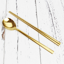 Korean stainless steel gold-plated spoon chopsticks Instant noodles canteen spoon chopsticks Gold tableware Restaurant tableware Solid flat chopsticks