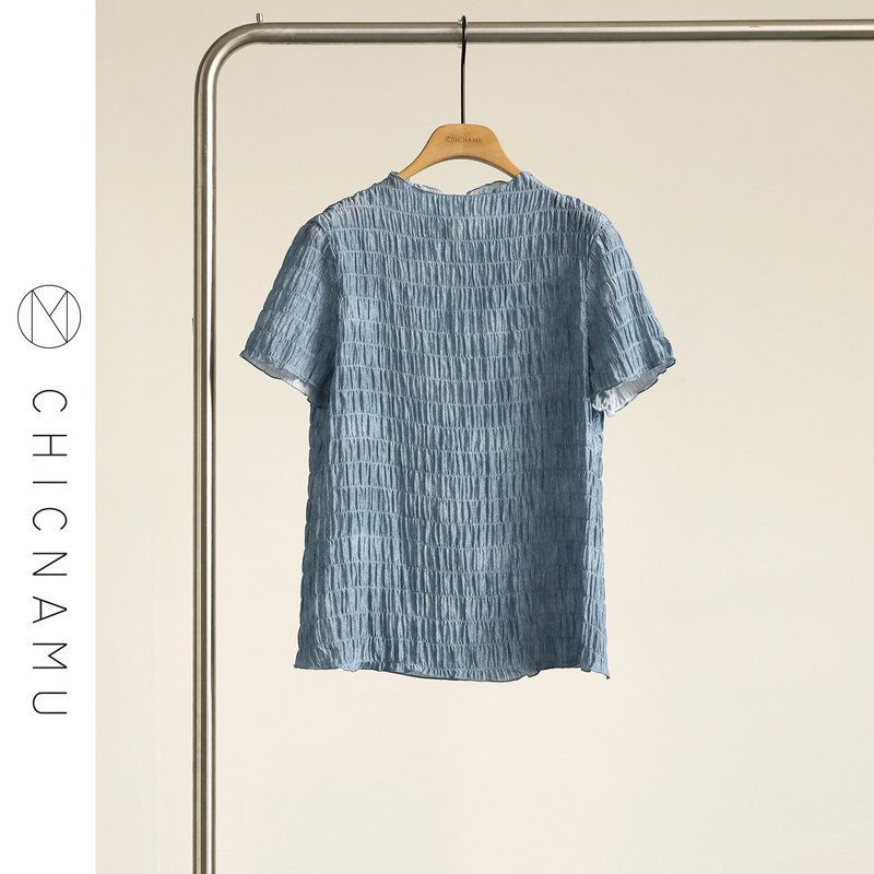 Chicnamu Fusion Aesthetic Stretch Silk Shell Crepe Stereo Texture Denim Printed Short-Sleeved T-Shirt