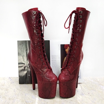 Snake print burgundy 20cm ultra-high stiletto waterproof platform round toe pole dance boots sky-high model nightclub boots