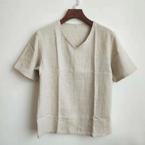  (Sister Lius house)V-neck mens cotton and linen short-sleeved clearance at the end of the season