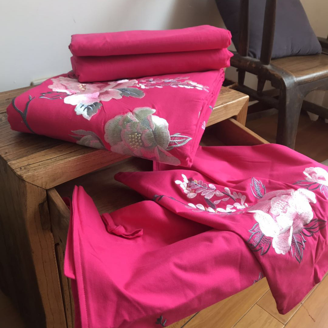 Great Sister Liu's Home Export Advanced Marriage Classical Chinese Wind Wedding Celebration Pure Cotton Coarse Cloth Embroidered Pure Color Four Sets Pieces