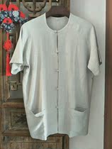 Cotton linen round neck small buckle short sleeve mens