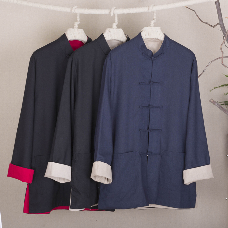Sister Liu coarse cloth cotton and linen double-layer men wear a jacket on both sides Tang costume Kung Fu Tai Chi Newspaper