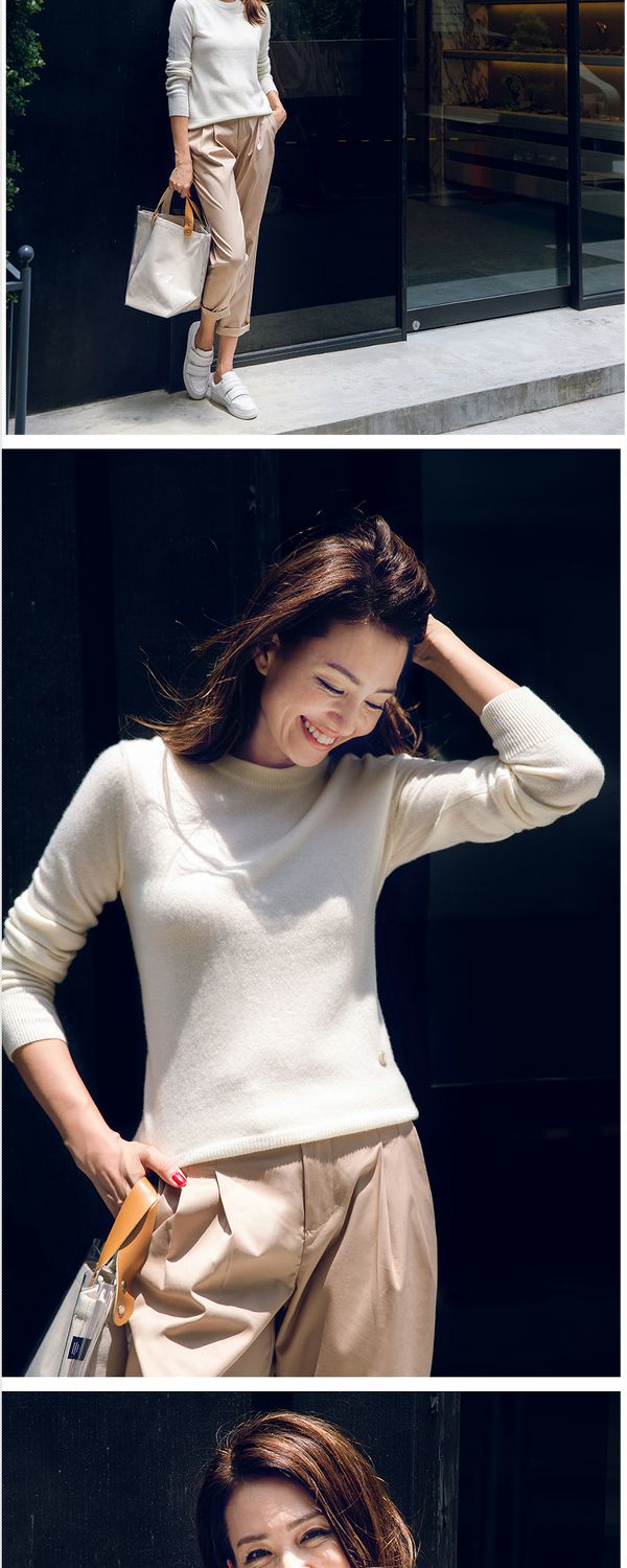WZT01118 Bộ sưu tập hoa nhài ấm áp Zero Burden Cream Full cashmere Tương phản áo len cổ tròn áo thun nữ