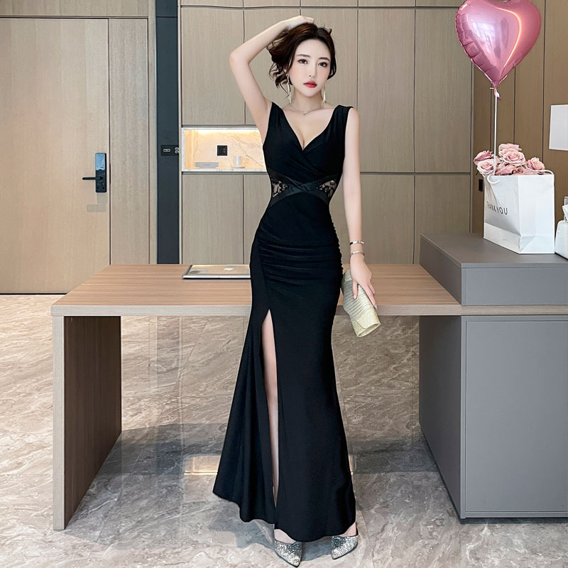 Nightclub Ktv Sexy Dress, Elegant Long Dress with Slit, High-End Socialite Workwear, Black Slim-Fit Long Dress Nightclub Ktv Sexy Dress, Elegant Long Dress with Slit, High-End Socialite Workwear, Black Slim-Fit Long Dress