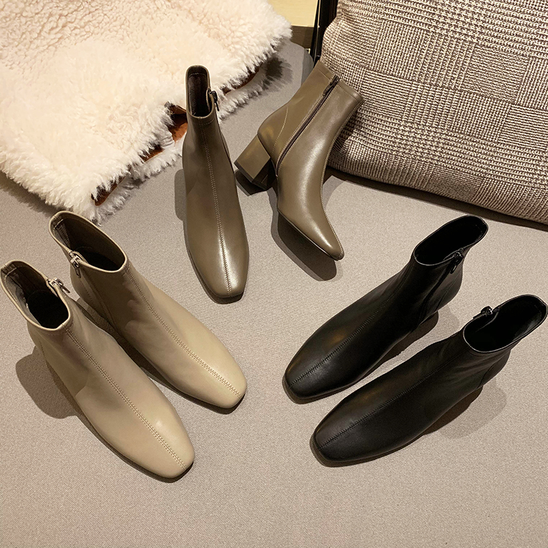 Zhu Xiaomeng Sheep Leather Short Boots Women Spring and Autumn Single Boots White Boots Spring New Joker Rough Heated Slim Boots ins Tide