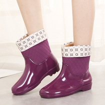 Short tube fashion rain boots women winter plus velvet cotton work rubber shoes warm waterproof shoes laundry non-slip overshoes water boots