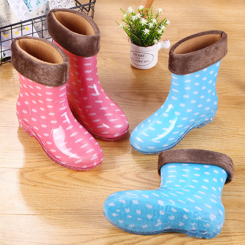 Waterproof shoes plus velvet cotton liner rain boots warm and non-slip treading water rain boots rubber shoes overshoes women's medium and short tube adult fashion