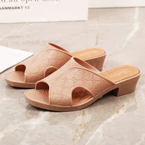 Fashion beach sandals female summer net infrared wearing coarse heel anti-slippers mom one word slippers increased high moisture water