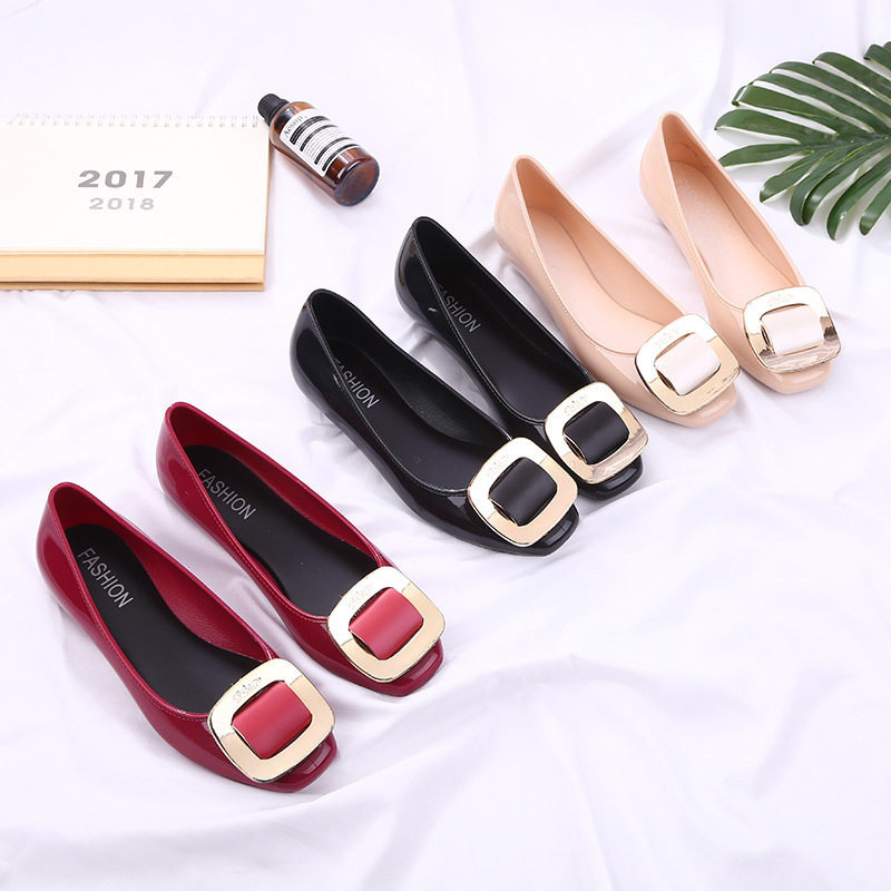 Square buckle shallow mouth casual fashion sweet 2021 new shoes flat jelly women's shoes summer square head Korean edition soft bottom