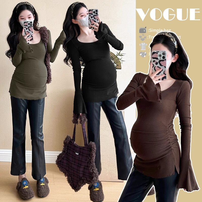 Spring and Autumn Maternity Base Shirt 2026 New Fashion Slim Fit Bell Sleeve Maternity Top Slimming Versatile Design Spring and Autumn Maternity Base Shirt 2026 New Fashion Slim Fit Bell Sleeve Maternity Top Slimming Versatile Design